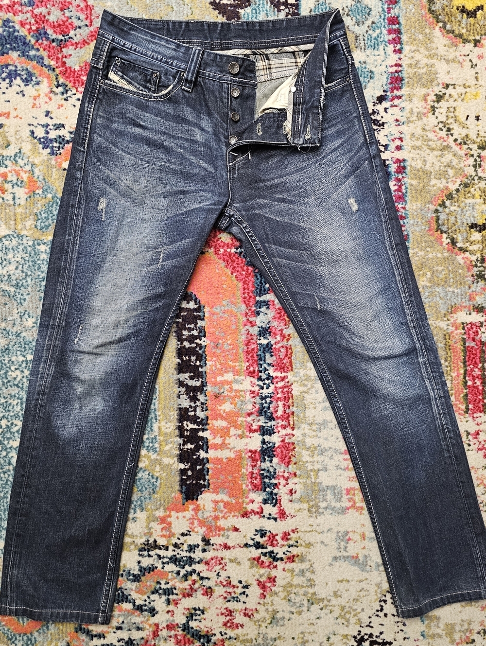 Diesel Jeans Men's Straight Button Size 32x29 Blue Button Fly Denim Distressed